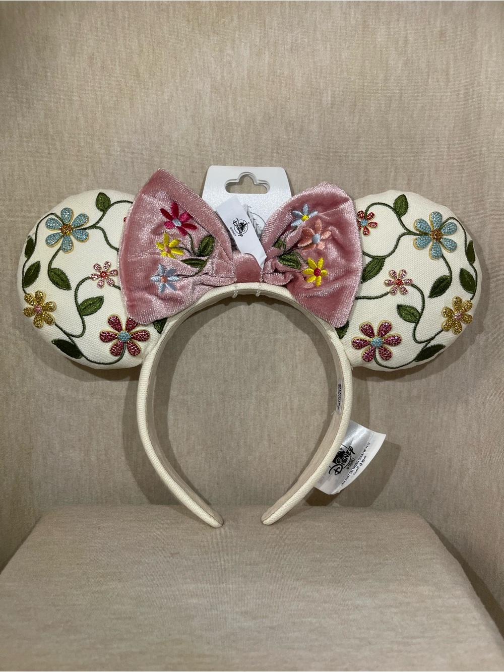 Disney Bauble Bar 2026Floral Embroidered Cream Ears with Pink Velvet Bow